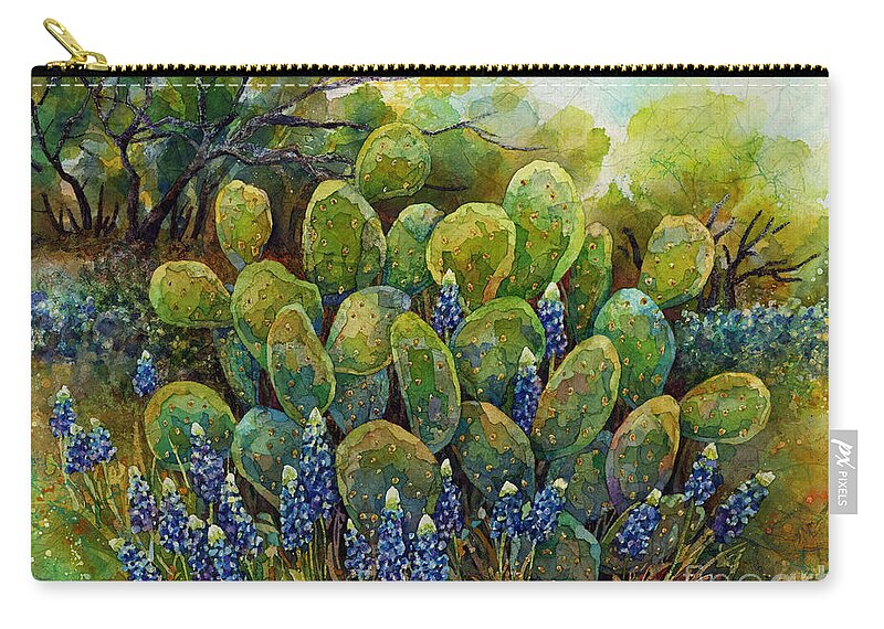 Cactus Zip Pouch featuring the painting Bluebonnets and Cactus 2 by Hailey E Herrera