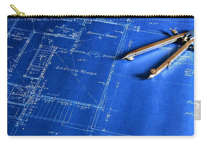Plan Zip Pouch featuring the photograph Blueprint With A Drafting Compass by Zuki