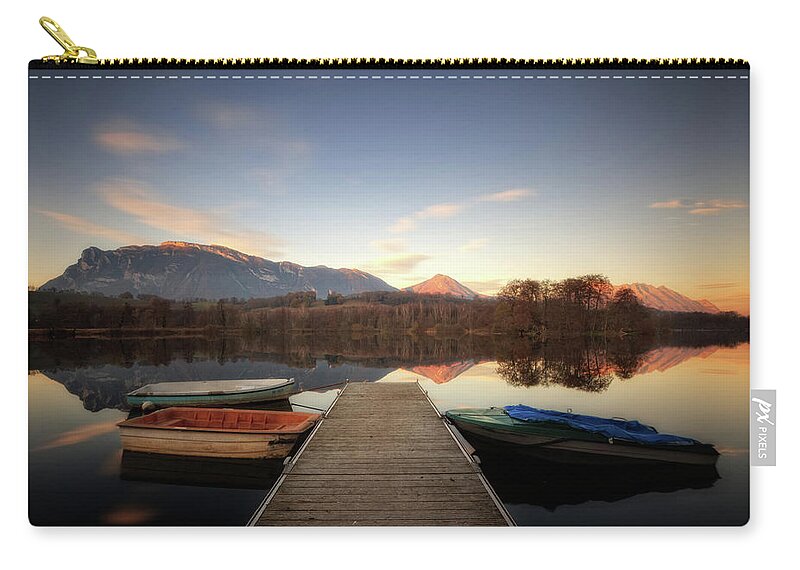 Outdoors Zip Pouch featuring the photograph Boats Moored By Boardwalk At Lake St by Girolamo Cracchiolo