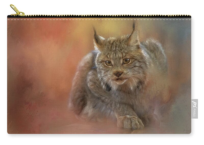 Bobcat Zip Pouch featuring the painting Bobcat Pounce by Jeanette Mahoney
