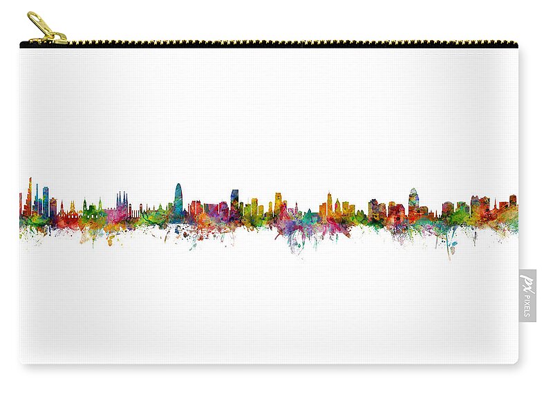 Bogota Carry-all Pouch featuring the digital art Bogota, Barcelona, Miami, Cincinnati and Orlando Skylines Mashup by Michael Tompsett