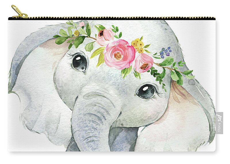 Elephant Zip Pouch featuring the digital art Boho Elephant by Pink Forest Cafe