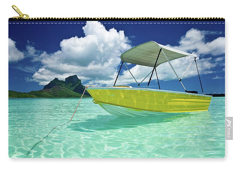 Motorboat Zip Pouch featuring the photograph Bora-bora Idyllic Lagoon With Motor Boat by Mlenny