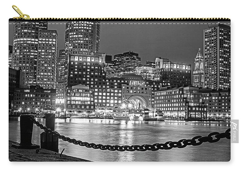 Boston Zip Pouch featuring the photograph Boston Waterfront in Red White and Blue Boston MA Black and White by Toby McGuire