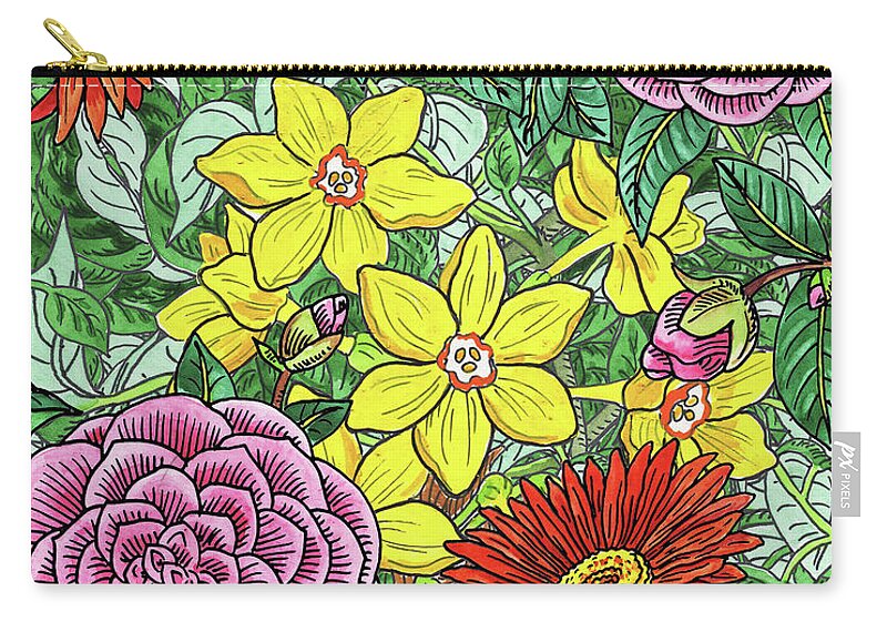 Botanical Zip Pouch featuring the painting Botanical Watercolor Flowers Garden Flowerbed I by Irina Sztukowski
