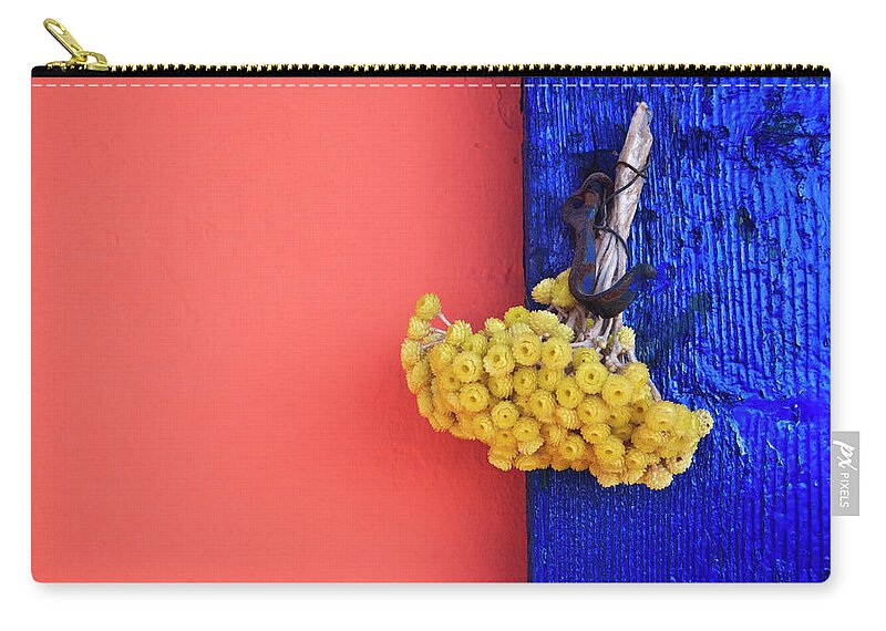 Hanging Zip Pouch featuring the photograph Bouquet On Blue Shutters, Crete, Greece by Steve Outram