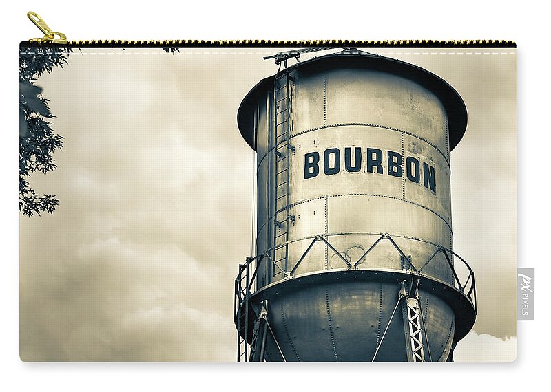 Bourbon Art Zip Pouch featuring the photograph Bourbon Whiskey Water Tower and Clouds - Vintage Sepia Edition by Gregory Ballos