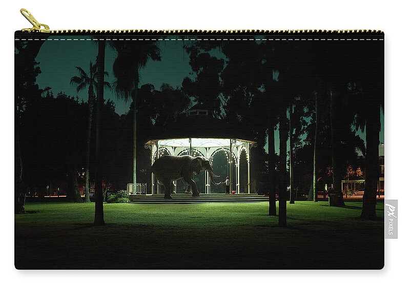 Child Zip Pouch featuring the photograph Boy And Elephant Playing In Park Gazebo by Dana Neibert