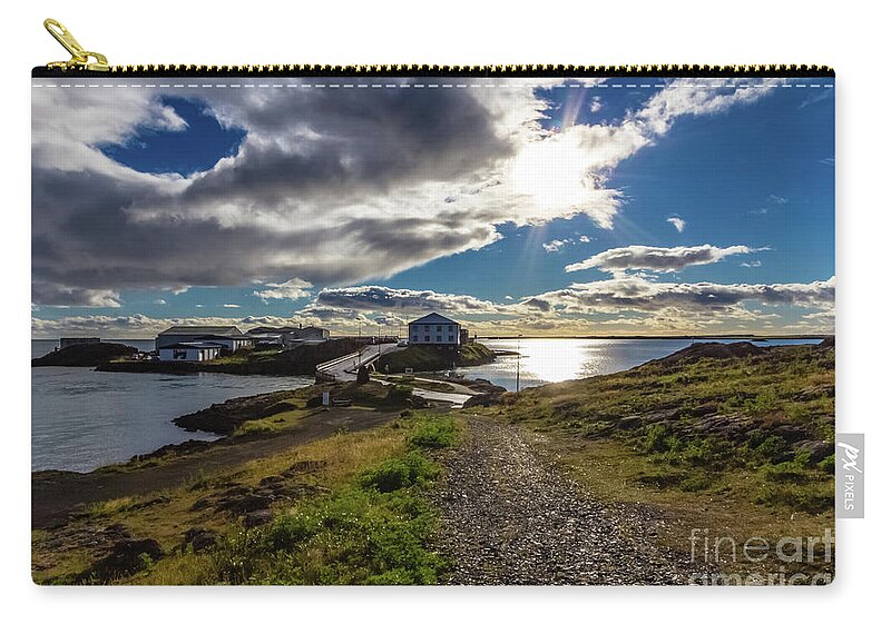 Island Zip Pouch featuring the photograph Brakarey island, Borgarnes, Iceland by Lyl Dil Creations