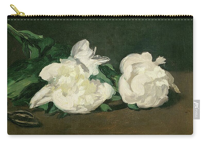 Edouard Manet Zip Pouch featuring the painting Branche de pivoines blanches et secateur, 1864 A twig of white peonies with pruning shears, 1864. by Edouard Manet -1832-1883-