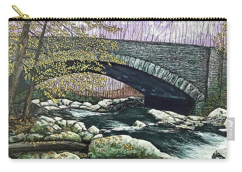 Landscape Zip Pouch featuring the painting Bridge and Stream by Mr Dill