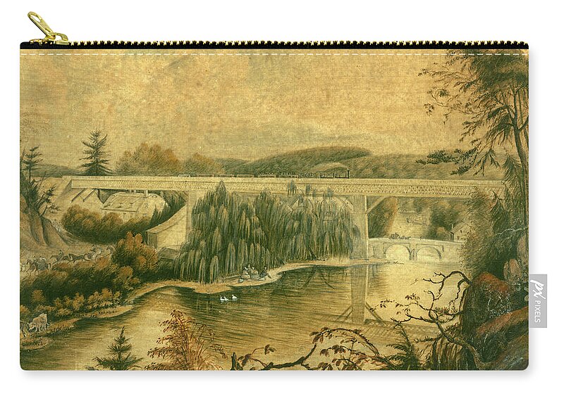 Bridge Zip Pouch featuring the drawing Bridge over the Wissahickon Creek, about 1835 by William Breton