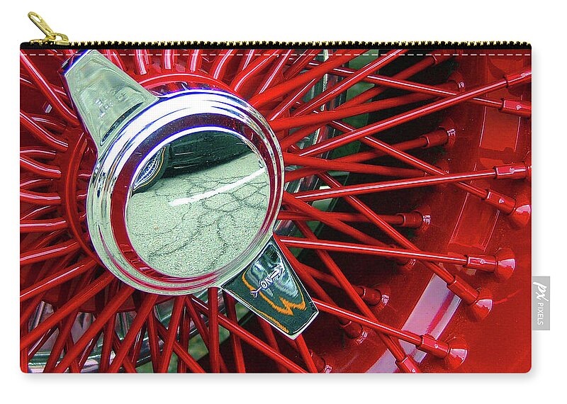Hot Rod Zip Pouch featuring the photograph Bright Red Spokes by Katherine N Crowley
