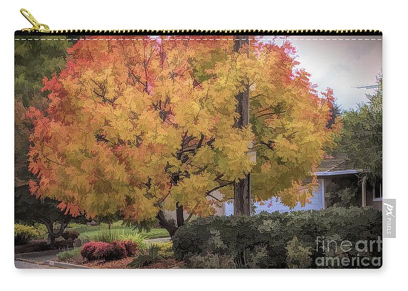 Autumn Zip Pouch featuring the digital art Brilliant Fall Color Tree Yellows Oranges Seasons by Chuck Kuhn
