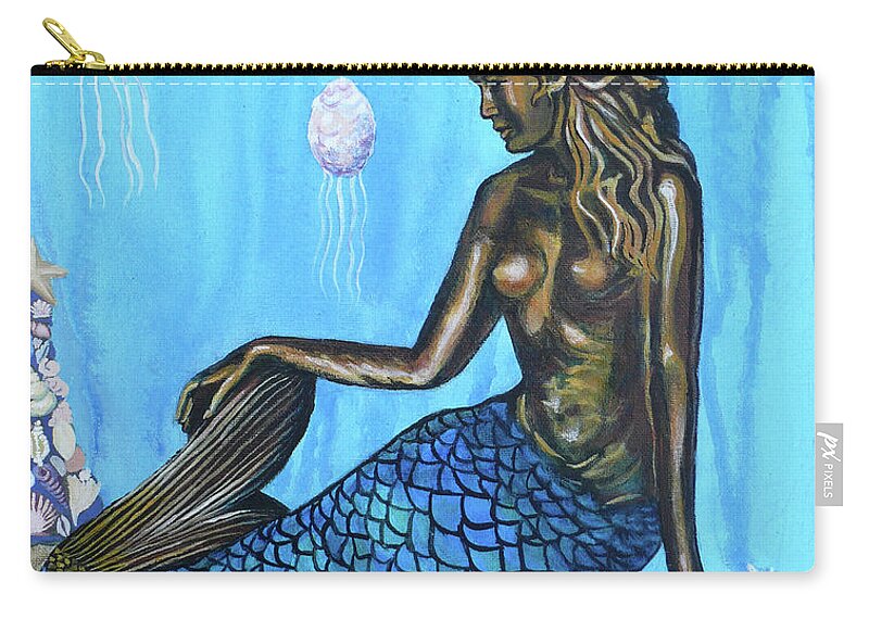 Bronze Mermaid Lamp Zip Pouch featuring the painting Bronze Merry Mermaid lamp by Susan Duda