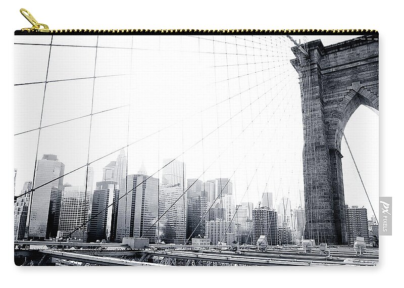 Downtown District Zip Pouch featuring the photograph Brooklyn Bridge Black And White by Mikeylpt