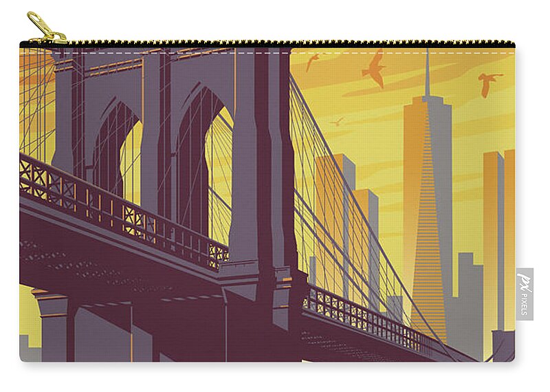 Travel Poster Zip Pouch featuring the digital art Brooklyn Bridge Poster - New York Vintage by Jim Zahniser