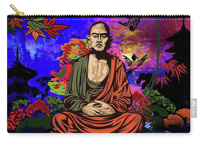 Buddhist Zip Pouch featuring the digital art Buddhist monk. by Andrzej Szczerski