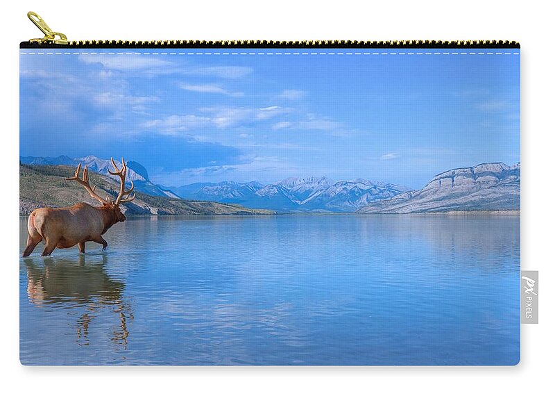 Snow Zip Pouch featuring the photograph Bull Elk In Jasper Lake by James Anderson