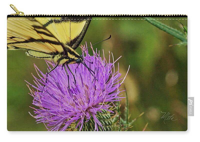 Macro Photography Zip Pouch featuring the photograph Butterfly On Bull Thistle by Meta Gatschenberger