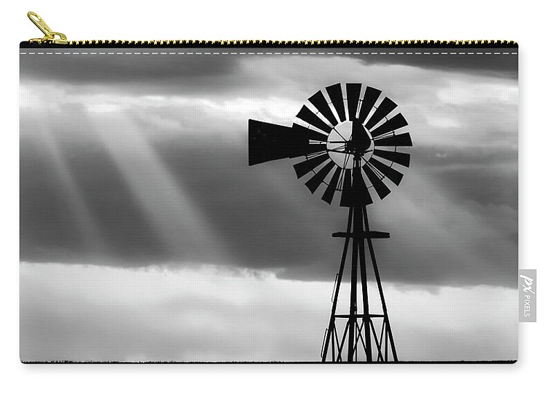 Kansas Zip Pouch featuring the photograph BW Windmill and Crepuscular Rays -01 by Rob Graham