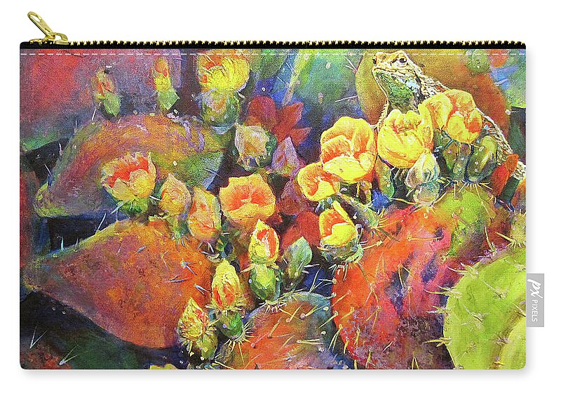 Colorful Zip Pouch featuring the painting Cactus and the Rock Lizard by Cynthia Westbrook