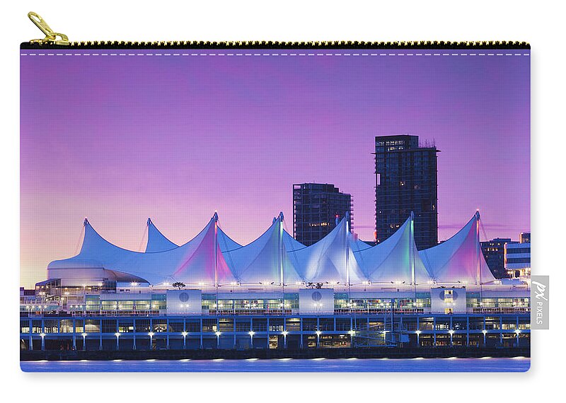 Dawn Zip Pouch featuring the photograph Canada Place From Coal Harbour by Walter Bibikow