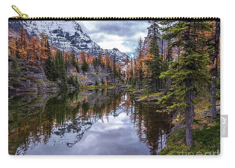  Alpine Lakes Zip Pouch featuring the photograph Canadian Rockies Fall Colors Reflection by Mike Reid