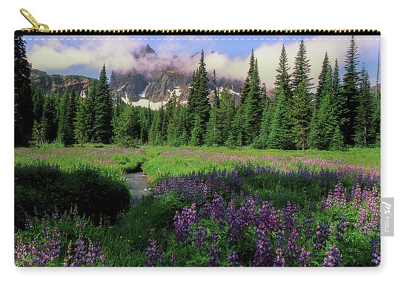 Tranquility Zip Pouch featuring the photograph Canyon Creek Meadow And Three Fingered by Bob Pool
