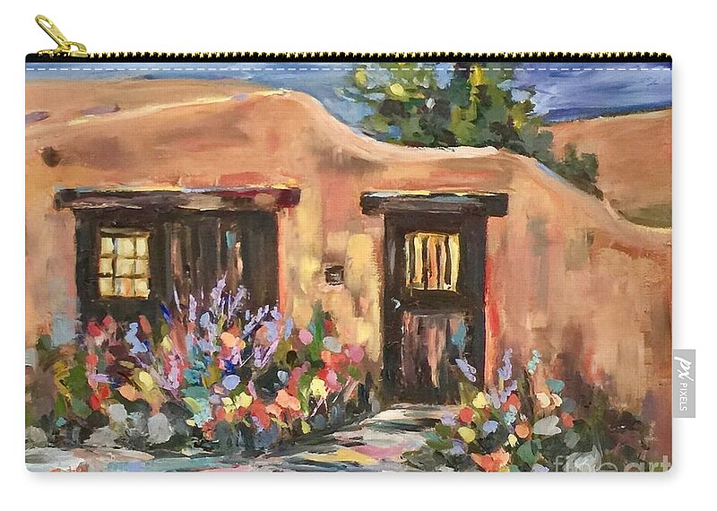 Adobe Zip Pouch featuring the painting Canyon Road Casa by Patsy Walton