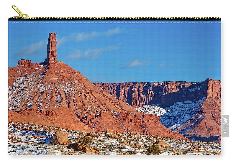 Scenics Zip Pouch featuring the photograph Castelton Tower Winter Moab Utah by Adventure photo