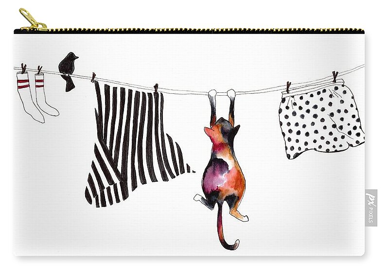 Cat Zip Pouch featuring the mixed media Cat on a Clothesline by Quirks Of Art