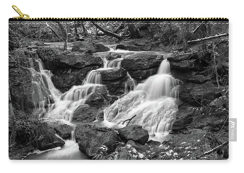 Waterfall Zip Pouch featuring the photograph Cedar Mills Falls in monochrome by Aashish Vaidya