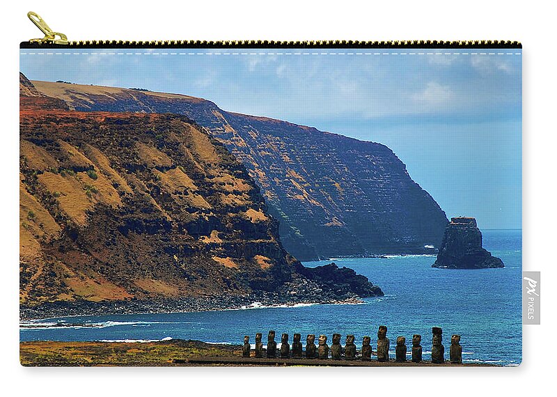 Scenics Zip Pouch featuring the photograph Ceremonial Place With 15 Moai by Miguel Vasquez