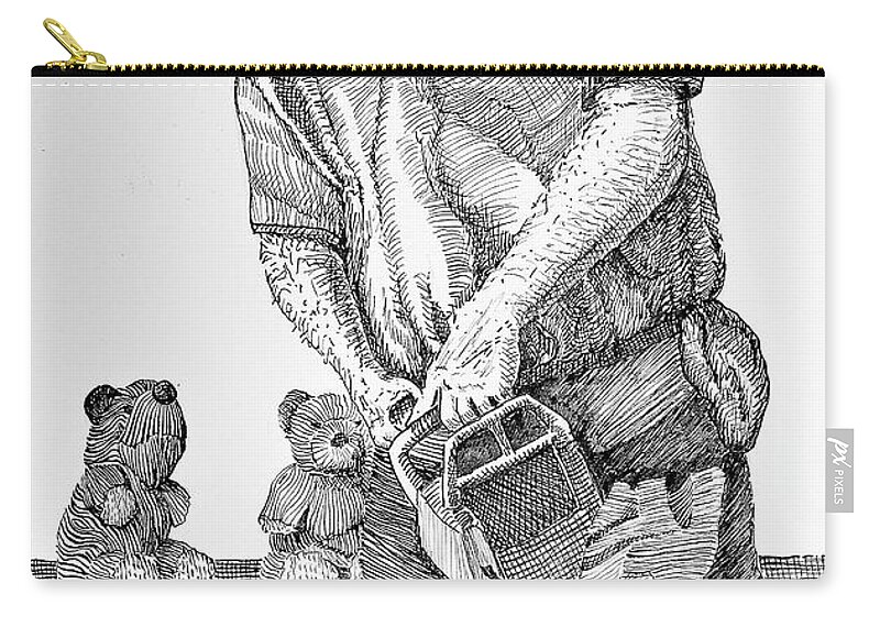 Sculpture Zip Pouch featuring the drawing Chainsaw Sculpting by Margaret Zabor