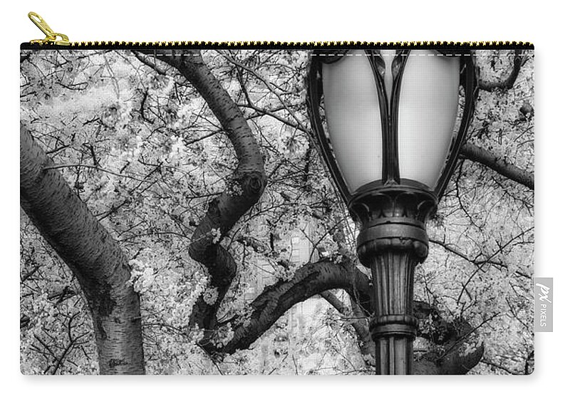 Central Park Zip Pouch featuring the photograph Cherry Blossoms At Central Park NYC BW by Susan Candelario