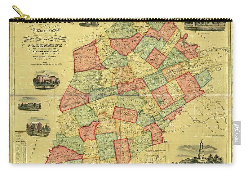 Richard Reeve Zip Pouch featuring the photograph Chester County Pennsylvania Map 1856 by Richard Reeve