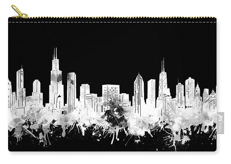 Chicago Skyline Zip Pouch featuring the digital art Chicago Skyline Black And White 2 by Bekim M