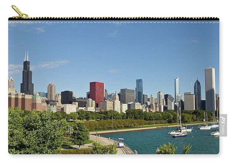 Lake Michigan Zip Pouch featuring the photograph Chicago Skyline On A Sunny Day by Kubrak78