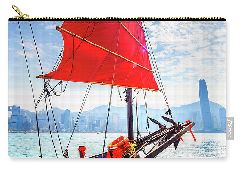 Estock Zip Pouch featuring the digital art China, Hong Kong, Hong Kong Island, Victoria Harbor, Aqua Luna Junk In Victoria Harbor by Maurizio Rellini