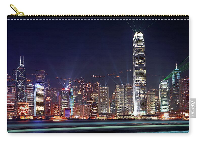 Chinese Culture Carry-all Pouch featuring the photograph China, Hong Kong, Skyline At Night by Allan Baxter