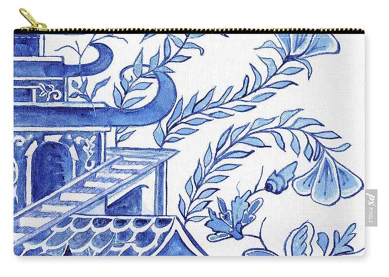 Chinoiserie Carry-all Pouch featuring the painting Chinoiserie Blue and White Pagoda Floral 1 by Audrey Jeanne Roberts