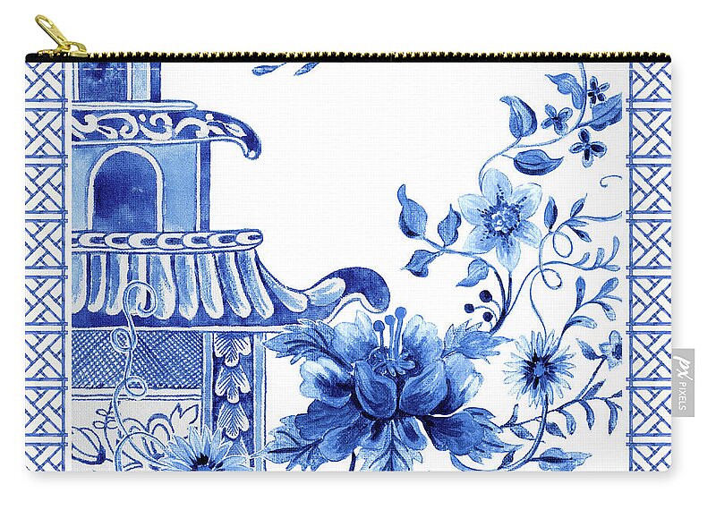 Chinese Carry-all Pouch featuring the painting Chinoiserie Blue and White Pagoda with Stylized Flowers and Chinese Chippendale Border by Audrey Jeanne Roberts