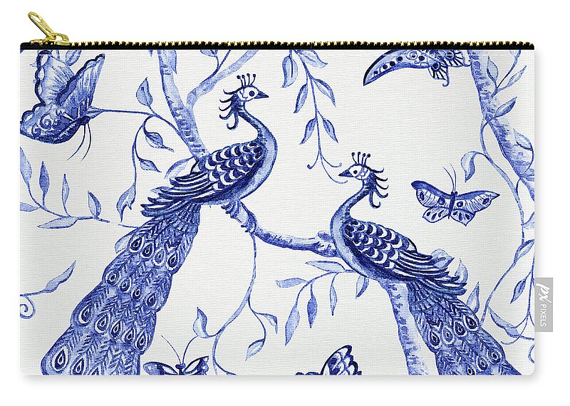 Chinoiserie Carry-all Pouch featuring the painting Chinoiserie Blue and White Peacocks and Butterflies by Audrey Jeanne Roberts
