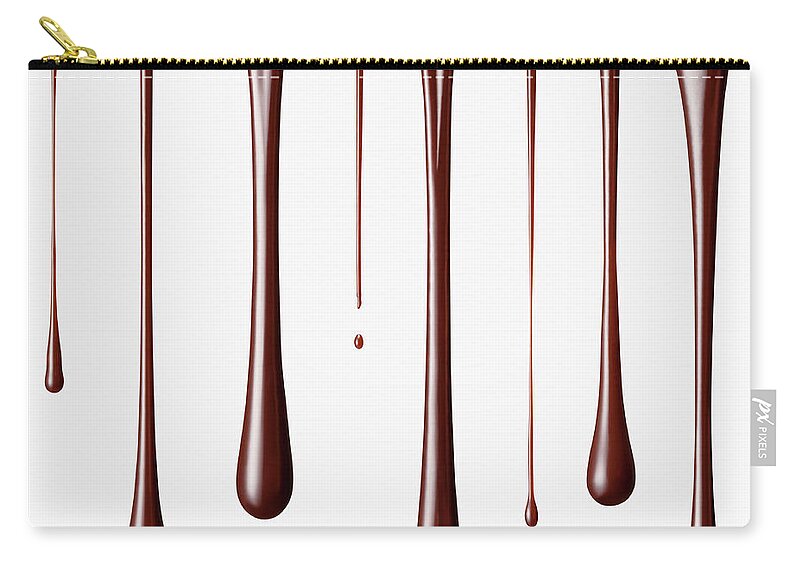 White Background Zip Pouch featuring the photograph Chocolate Falling In Drops by H&c Studio