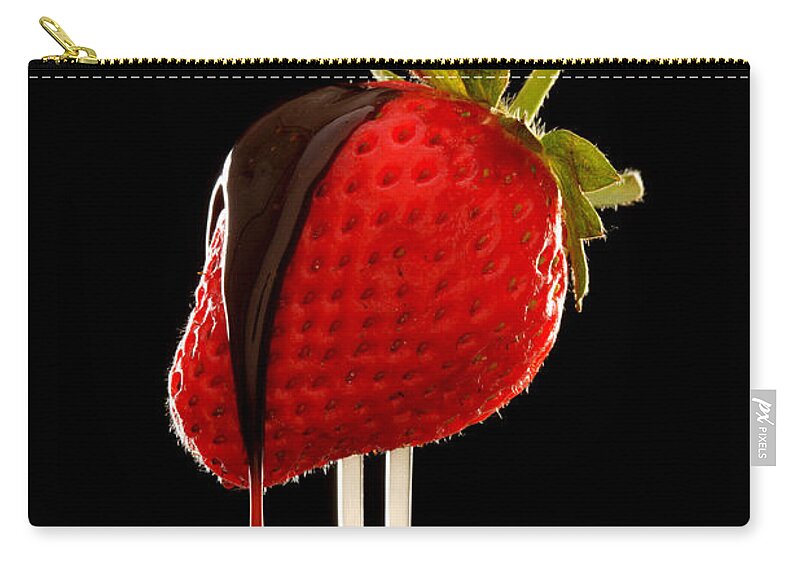Melting Zip Pouch featuring the photograph Chocolate Running Off Strawberry by Harrison Eastwood