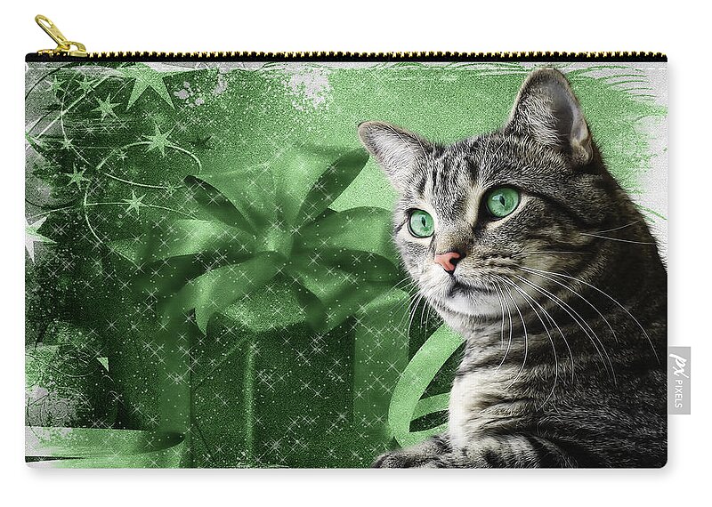 Christmas Zip Pouch featuring the digital art Christmas Silver Tabby Cat with Green by Doreen Erhardt