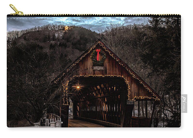 Middle Covered Bridge Zip Pouch featuring the photograph Christmas Star above Woodstock Covered Bridge by Jeff Folger