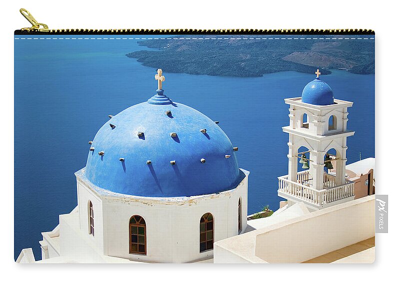 Greek Culture Zip Pouch featuring the photograph Church In Santorini, Greece by Angelika