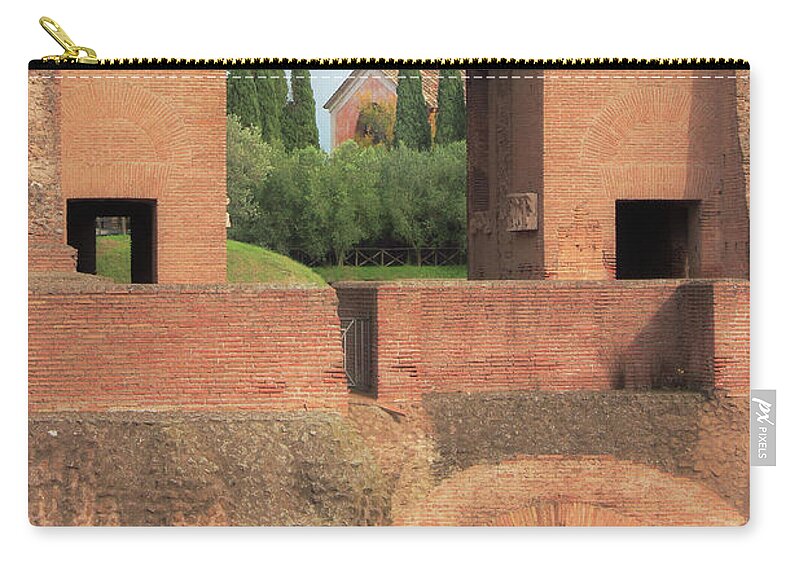 Rome Zip Pouch featuring the photograph Church of San Bonaventura Palatino Viewed through Archway of Domitians Palace in Rome Italy by Angela Rath